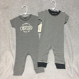 Cat and Jack Baby 12m 2pk Rompers 'Obsessed' Solid Gray and Black White Stripes